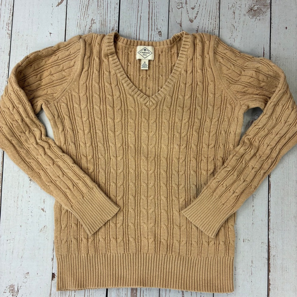 St Johns Bay Womens Tan Camel Cable Knit V-Neck Cotton Blend Sweater Size M